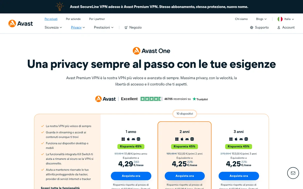 Homepage di Avast Premium VPN su computer – alla prova: miglior VPN in Italia