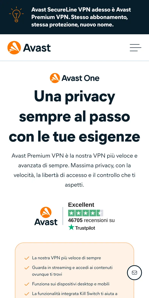 Homepage di Avast Premium VPN su smartphone – alla prova: miglior VPN in Italia