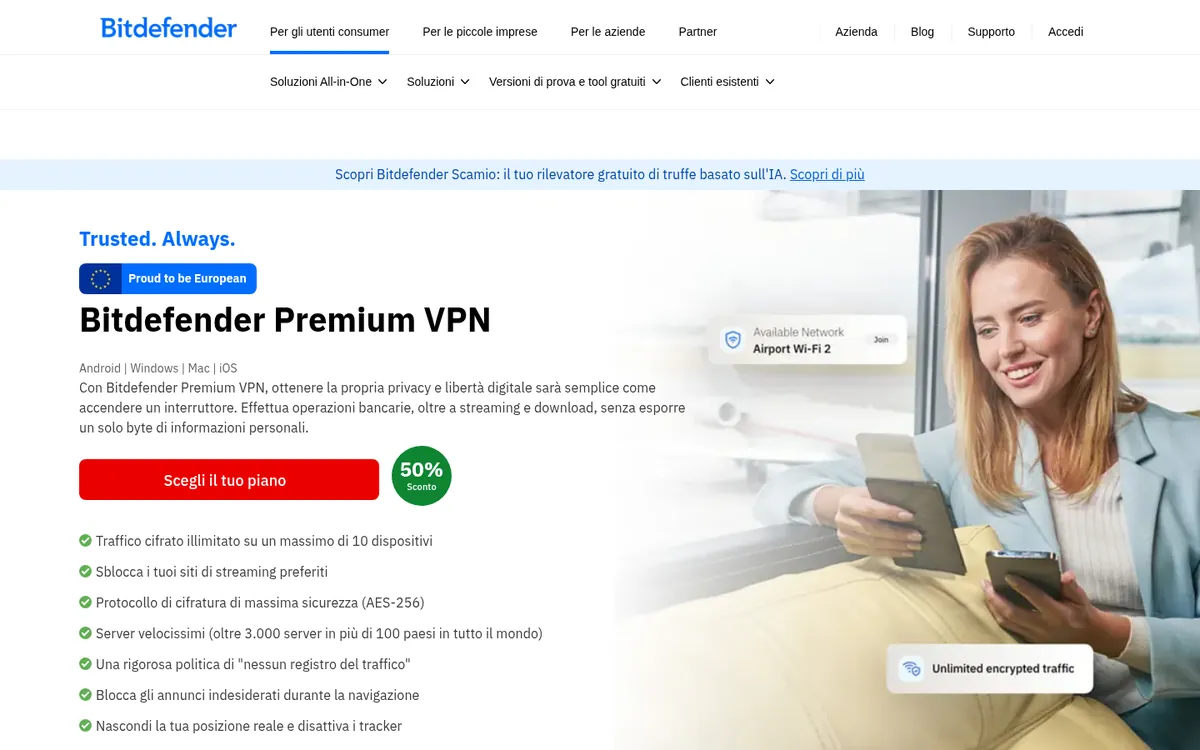 Homepage di Bitdefender VPN su computer – alla prova: miglior VPN in Italia