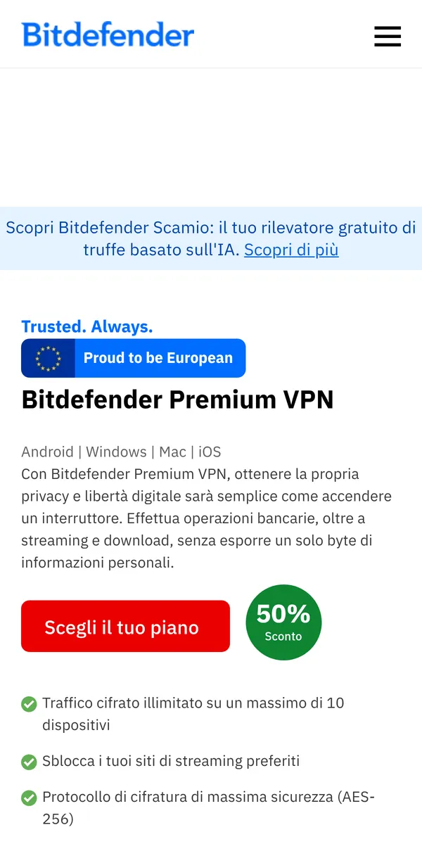 Homepage di Bitdefender VPN su smartphone – alla prova: miglior VPN in Italia