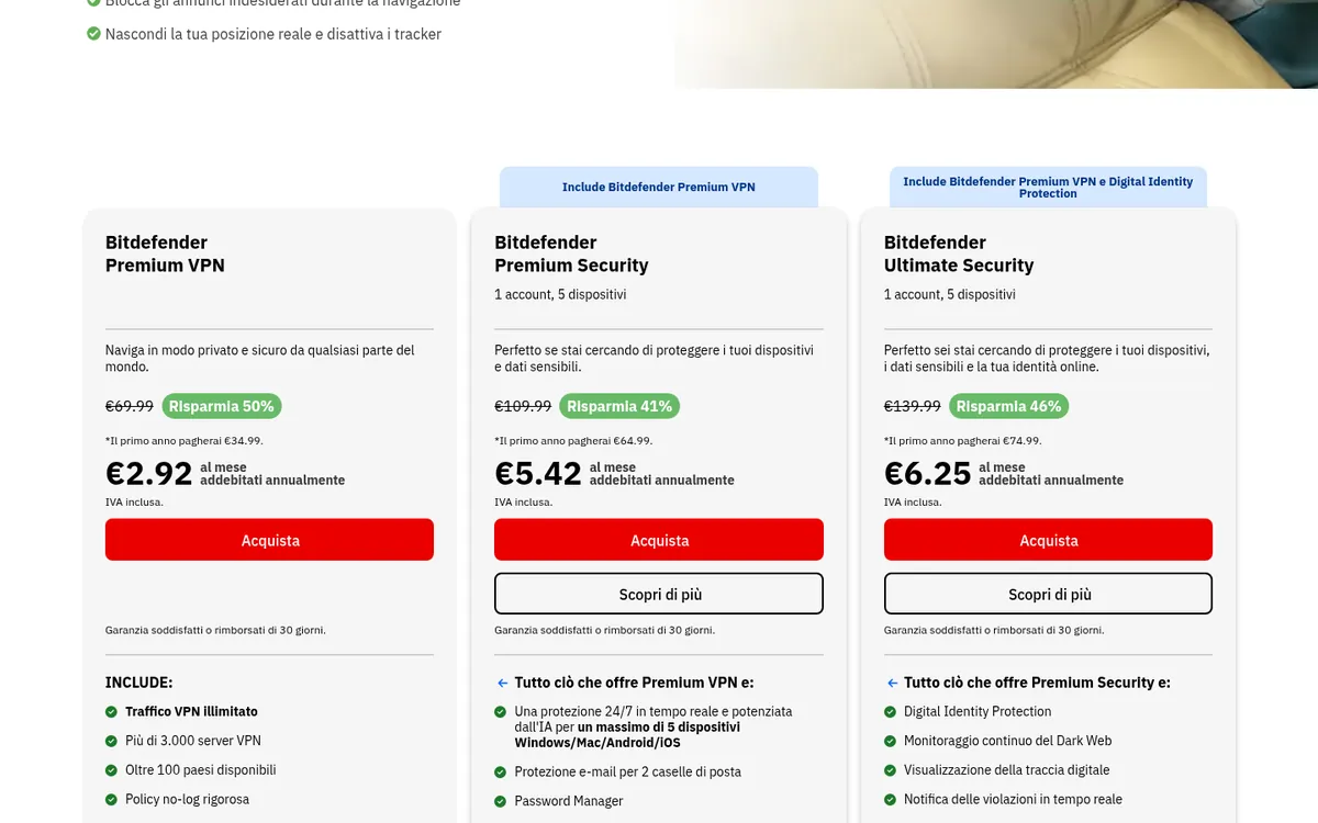Pagina dei prezzi di Bitdefender VPN – alla prova: miglior VPN in Italia