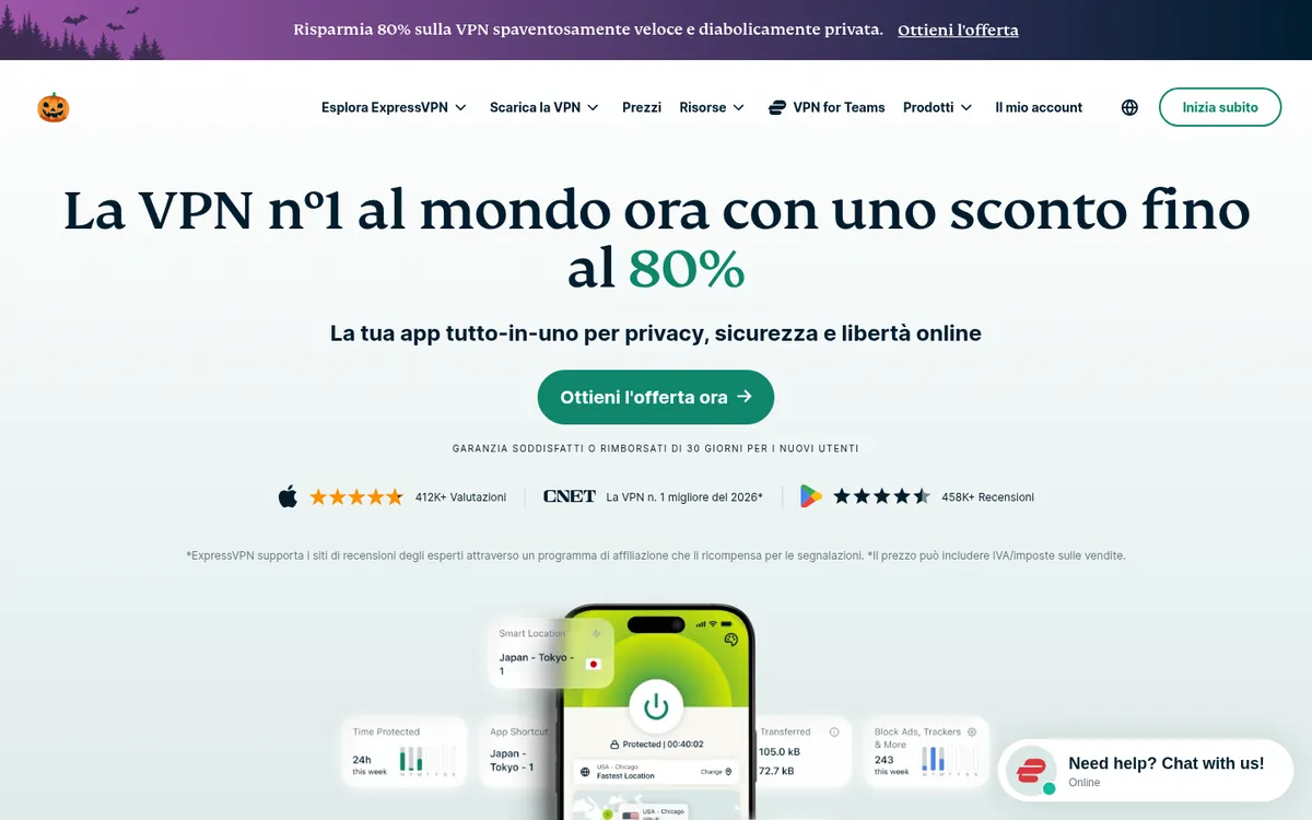 Homepage di ExpressVPN, uno dei servizi provati per lo streaming