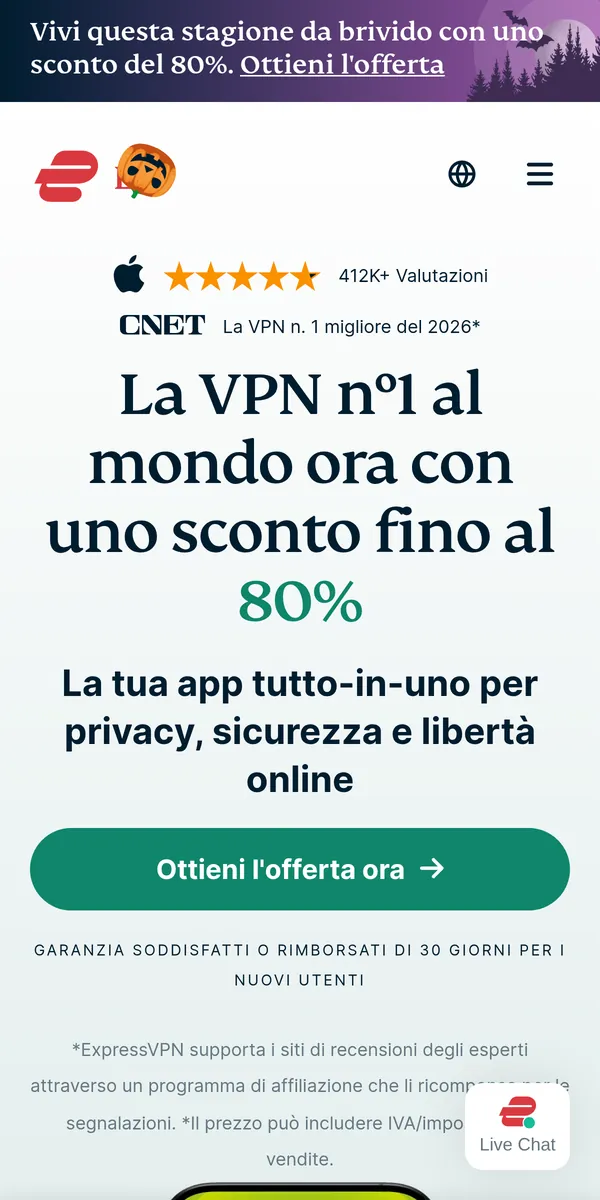 Homepage di ExpressVPN su smartphone – alla prova: miglior VPN in Italia
