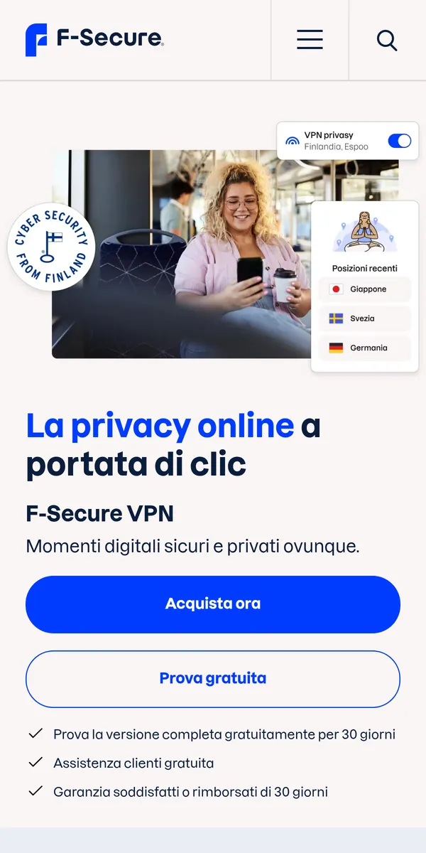 Homepage di F-Secure VPN su smartphone – alla prova: miglior VPN in Italia