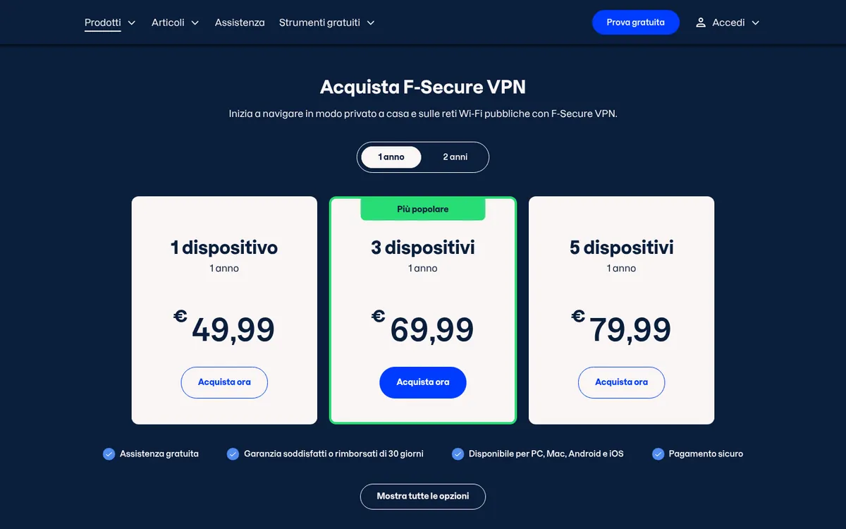 Pagina dei prezzi di F-Secure VPN – alla prova: miglior VPN in Italia