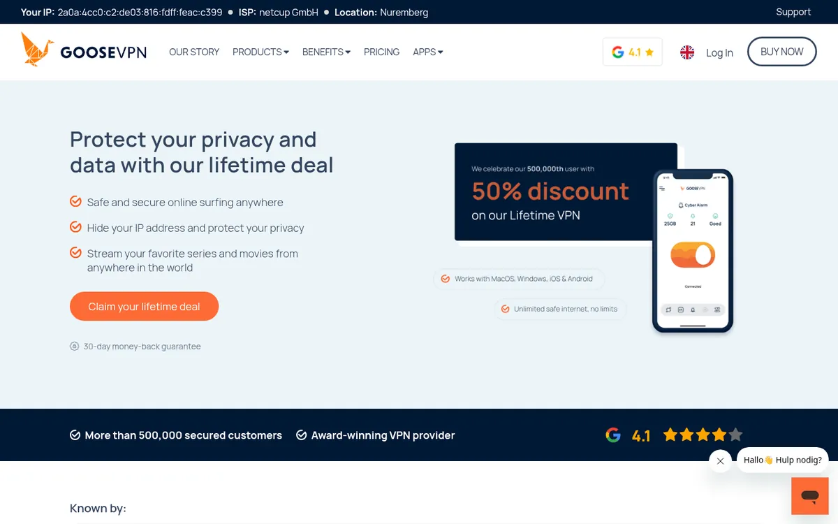 Homepage di Goose VPN su computer – alla prova: miglior VPN in Italia