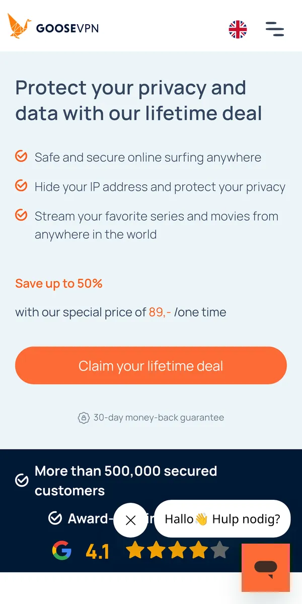 Homepage di Goose VPN su smartphone – alla prova: miglior VPN in Italia