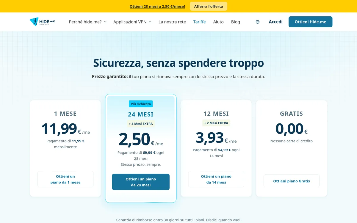 Pagina dei prezzi di hide.me – alla prova: miglior VPN in Italia