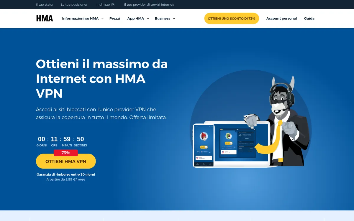 Homepage di HMA su computer – alla prova: miglior VPN in Italia