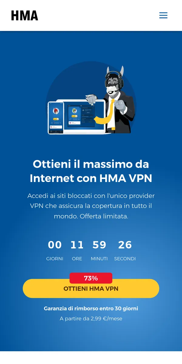Homepage di HMA su smartphone – alla prova: miglior VPN in Italia
