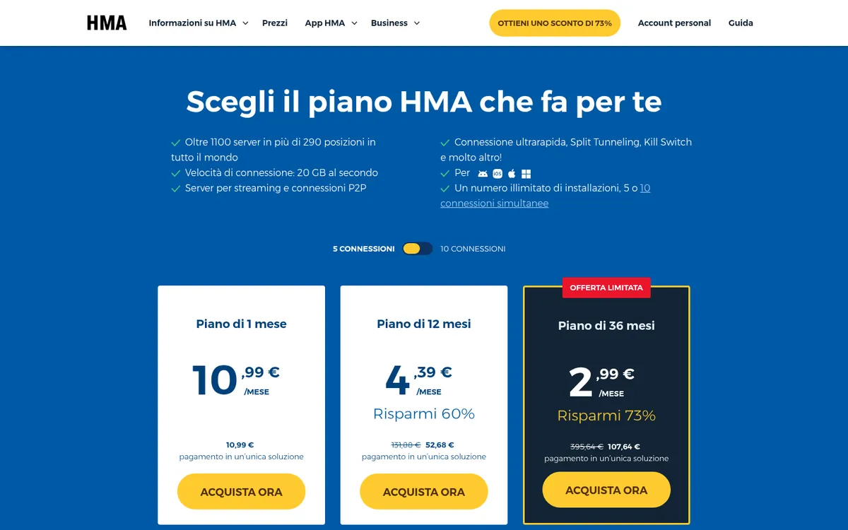 Pagina dei prezzi di HMA – alla prova: miglior VPN in Italia