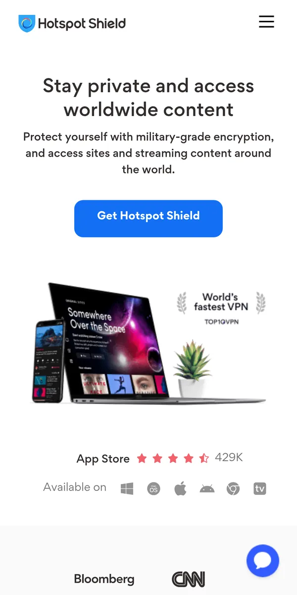 Homepage di Hotspot Shield su smartphone – alla prova: miglior VPN in Italia