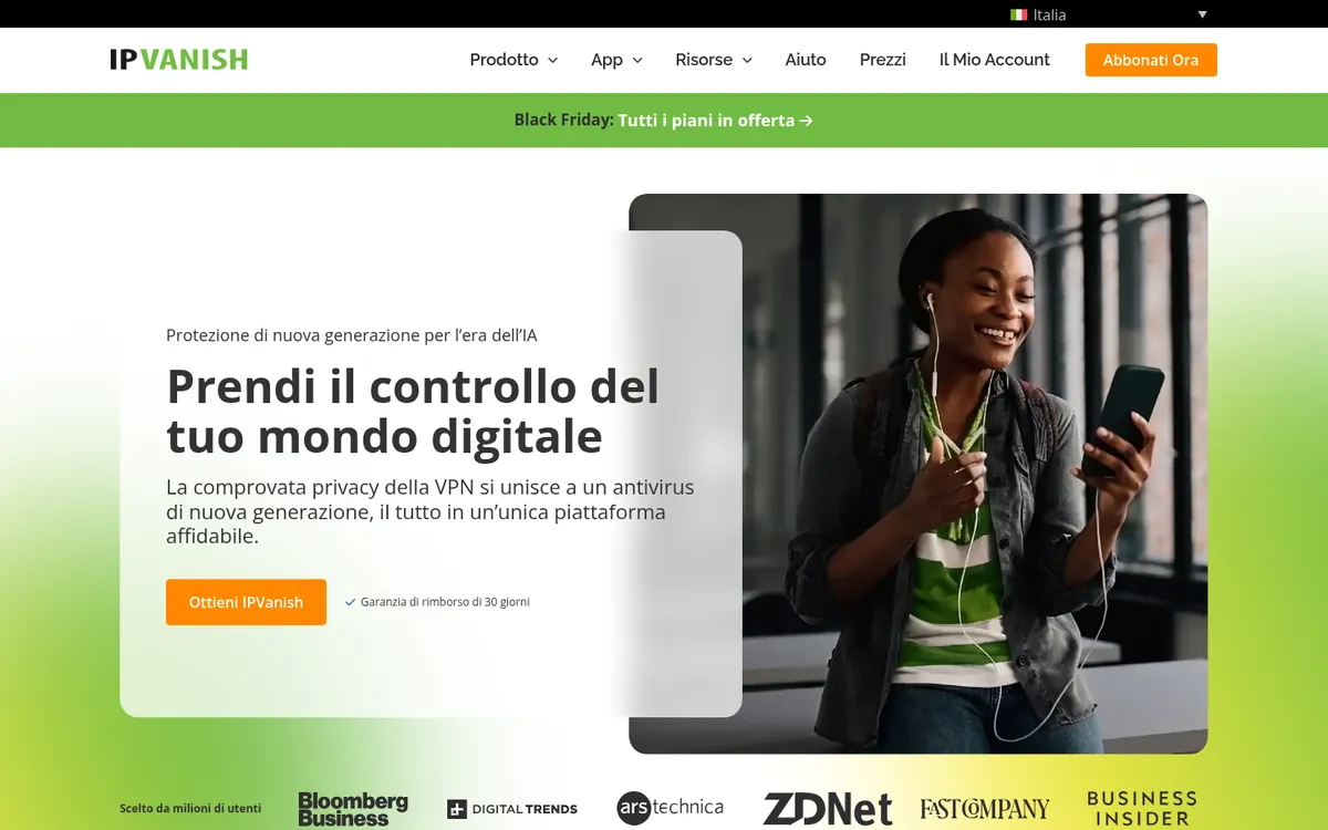 Homepage di IPVanish su computer – alla prova: miglior VPN in Italia
