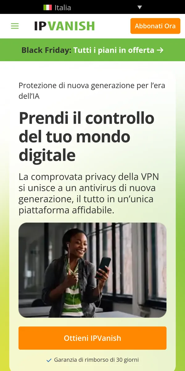 Homepage di IPVanish su smartphone – alla prova: miglior VPN in Italia