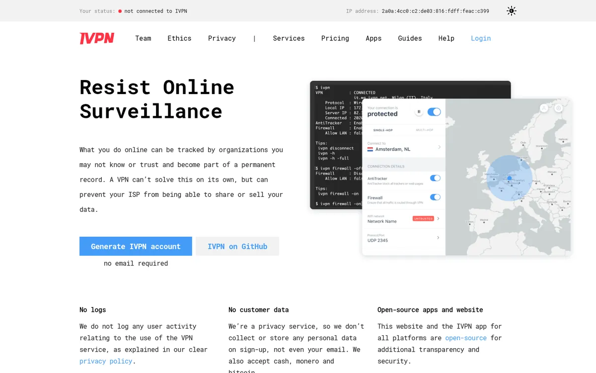 Homepage di IVPN su computer – alla prova: miglior VPN in Italia