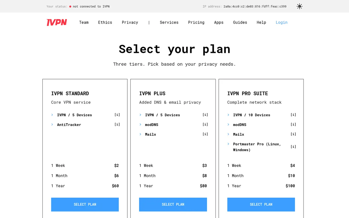 Pagina dei prezzi di IVPN – alla prova: miglior VPN in Italia