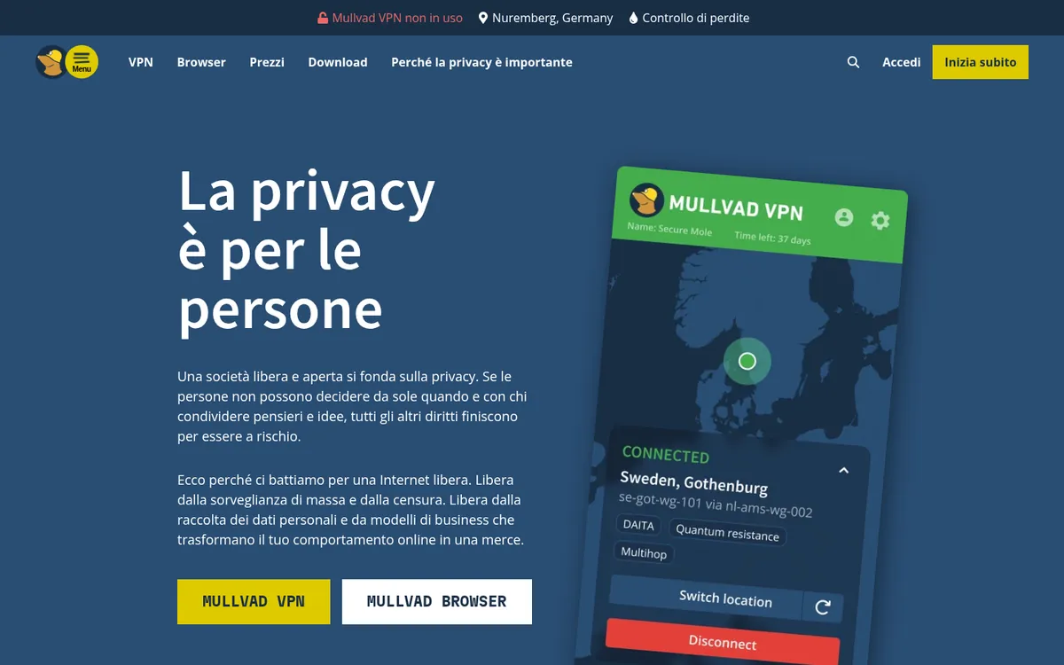 Homepage di Mullvad su computer – alla prova: miglior VPN in Italia