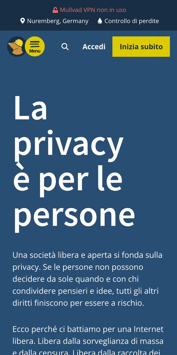 Homepage di Mullvad su smartphone – alla prova: miglior VPN in Italia