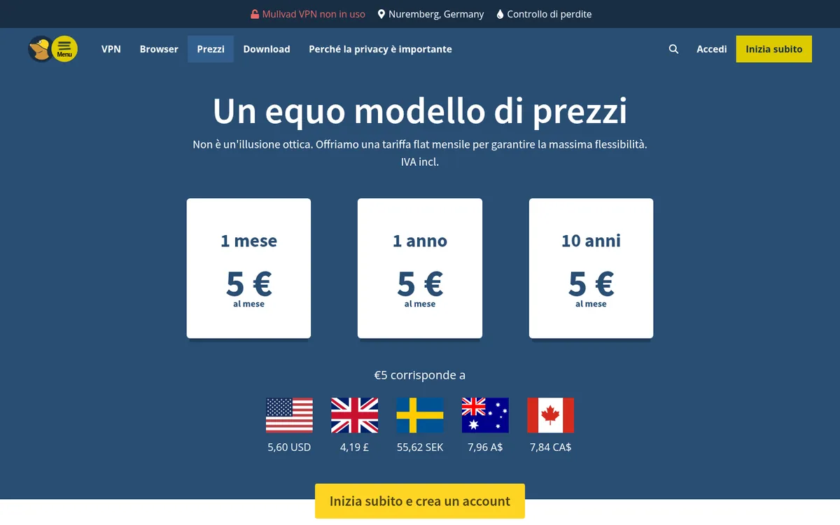 Pagina dei prezzi di Mullvad – alla prova: miglior VPN in Italia