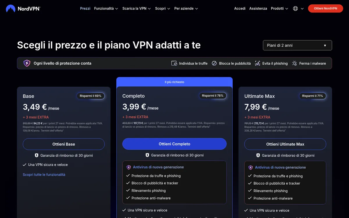 Pagina dei prezzi di NordVPN: i piani da confrontare prima di scegliere