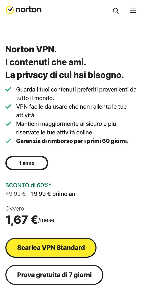 Homepage di Norton VPN su smartphone – alla prova: miglior VPN in Italia