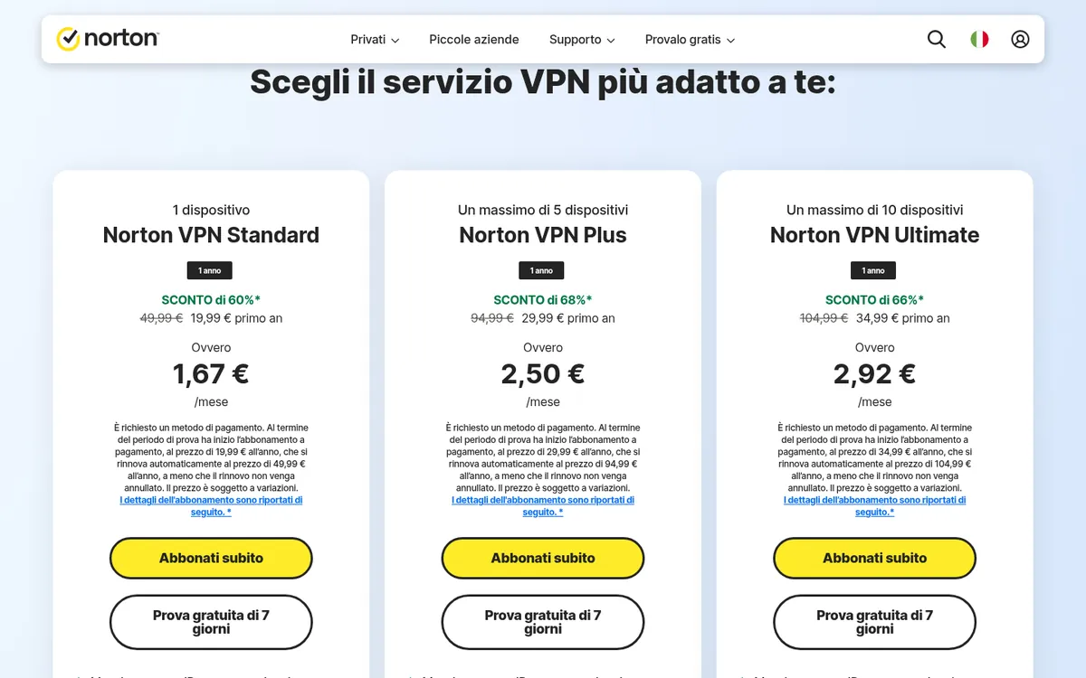 Pagina dei prezzi di Norton VPN – alla prova: miglior VPN in Italia