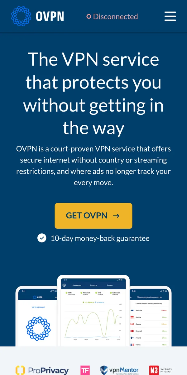 Homepage di OVPN su smartphone – alla prova: miglior VPN in Italia