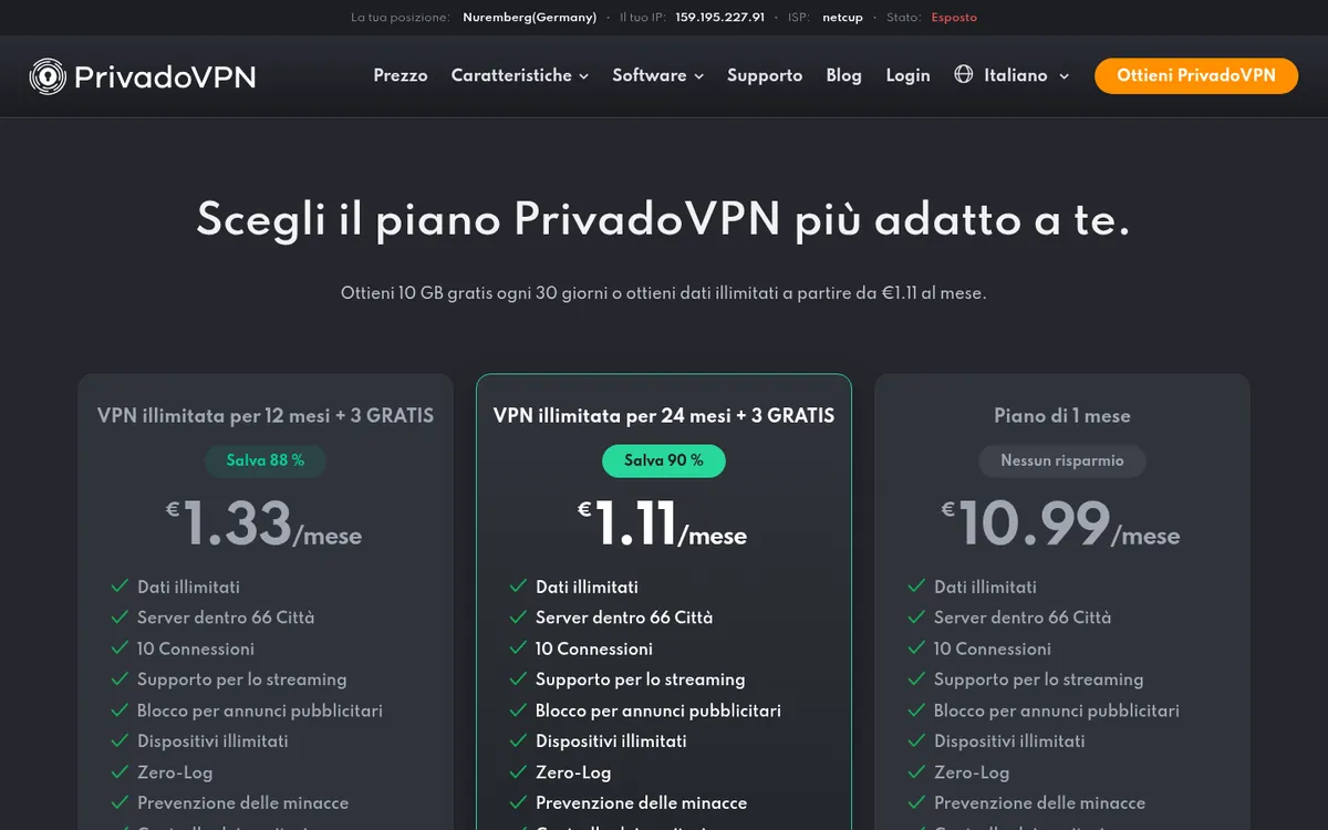 Pagina dei prezzi di PrivadoVPN – alla prova: miglior VPN in Italia