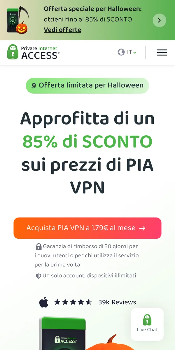 Homepage di Private Internet Access su smartphone – alla prova: miglior VPN in Italia