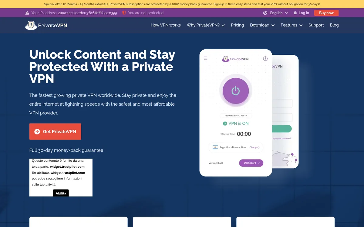 Homepage di PrivateVPN su computer – alla prova: miglior VPN in Italia