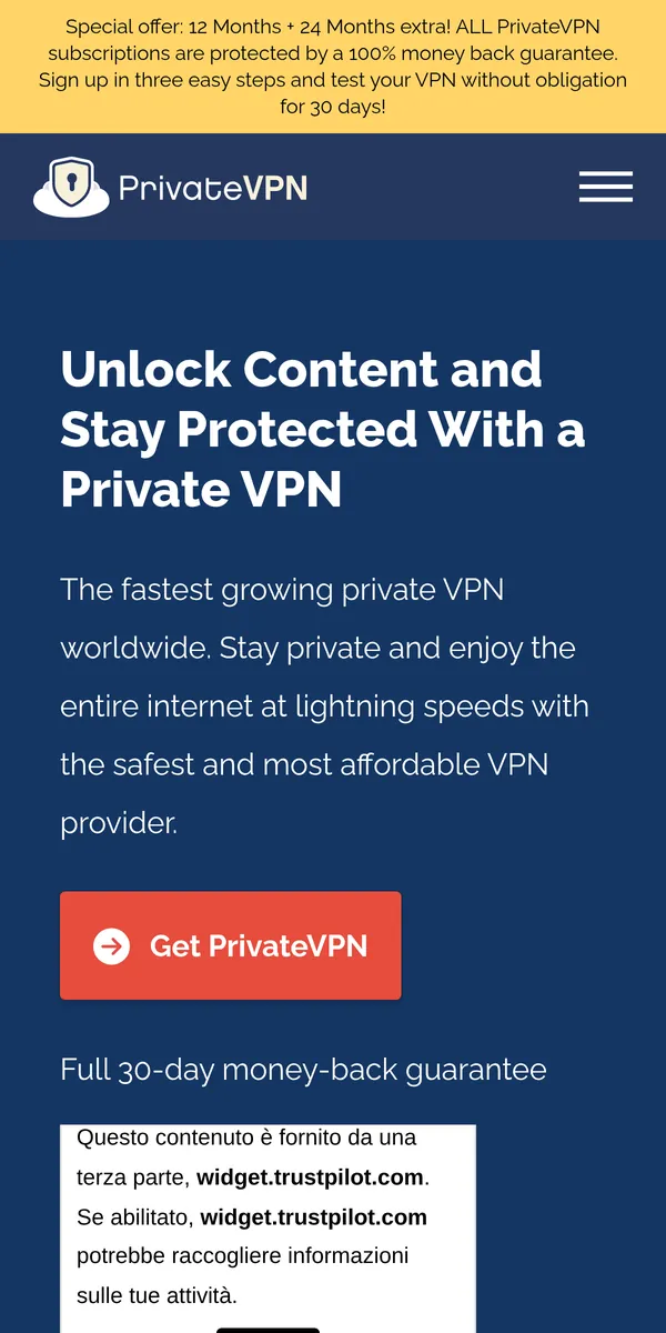 Homepage di PrivateVPN su smartphone – alla prova: miglior VPN in Italia