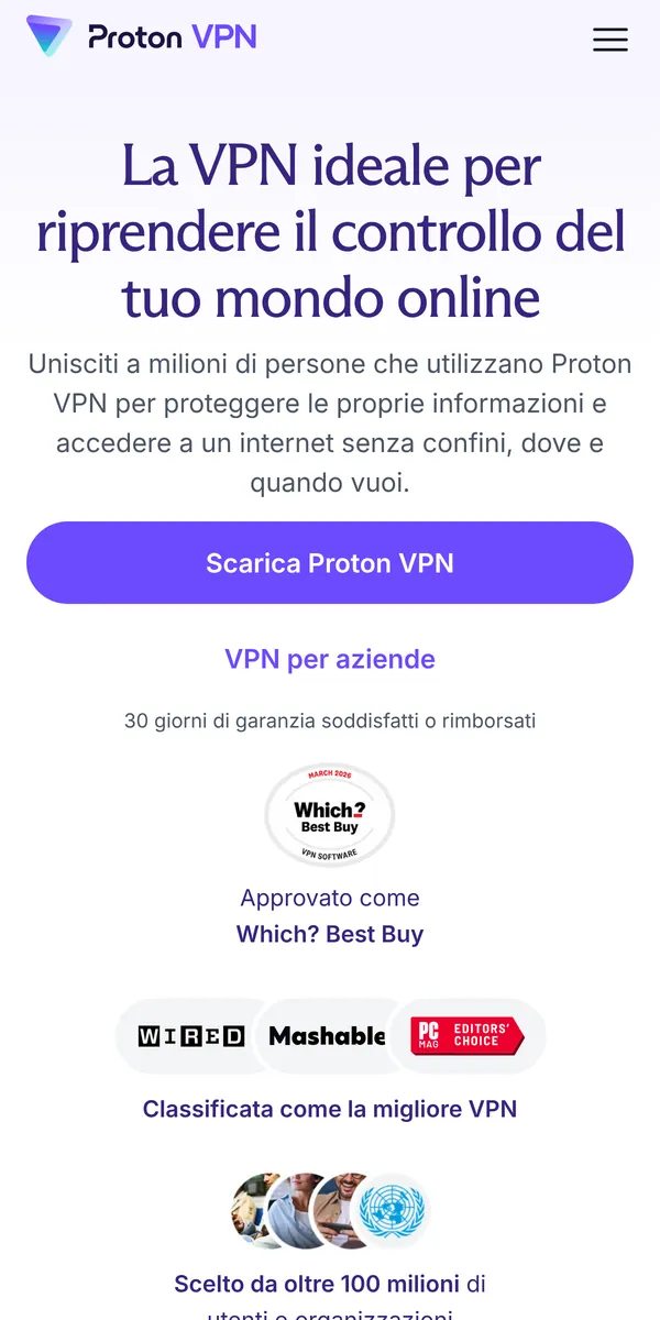 Homepage di Proton VPN su smartphone – alla prova: miglior VPN in Italia