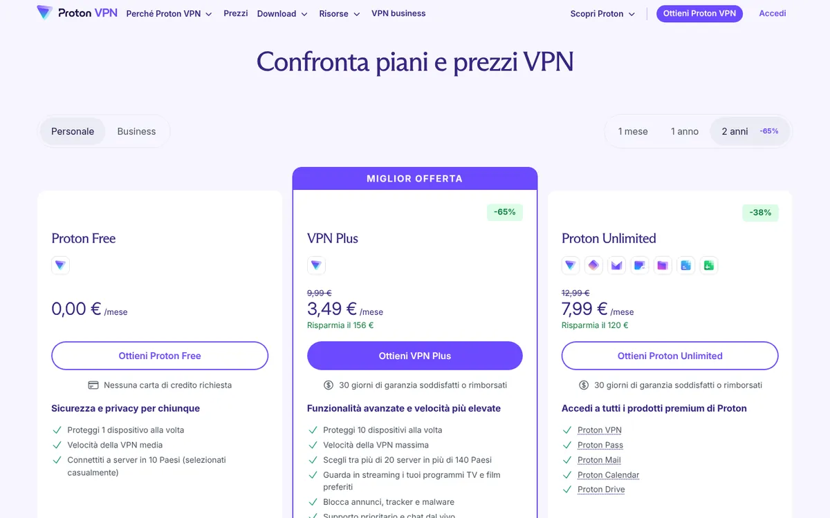 Pagina dei prezzi di Proton VPN con il piano gratuito e quelli a pagamento