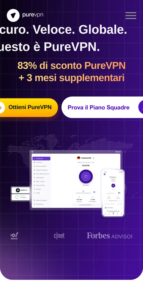 Homepage di PureVPN su smartphone – alla prova: miglior VPN in Italia