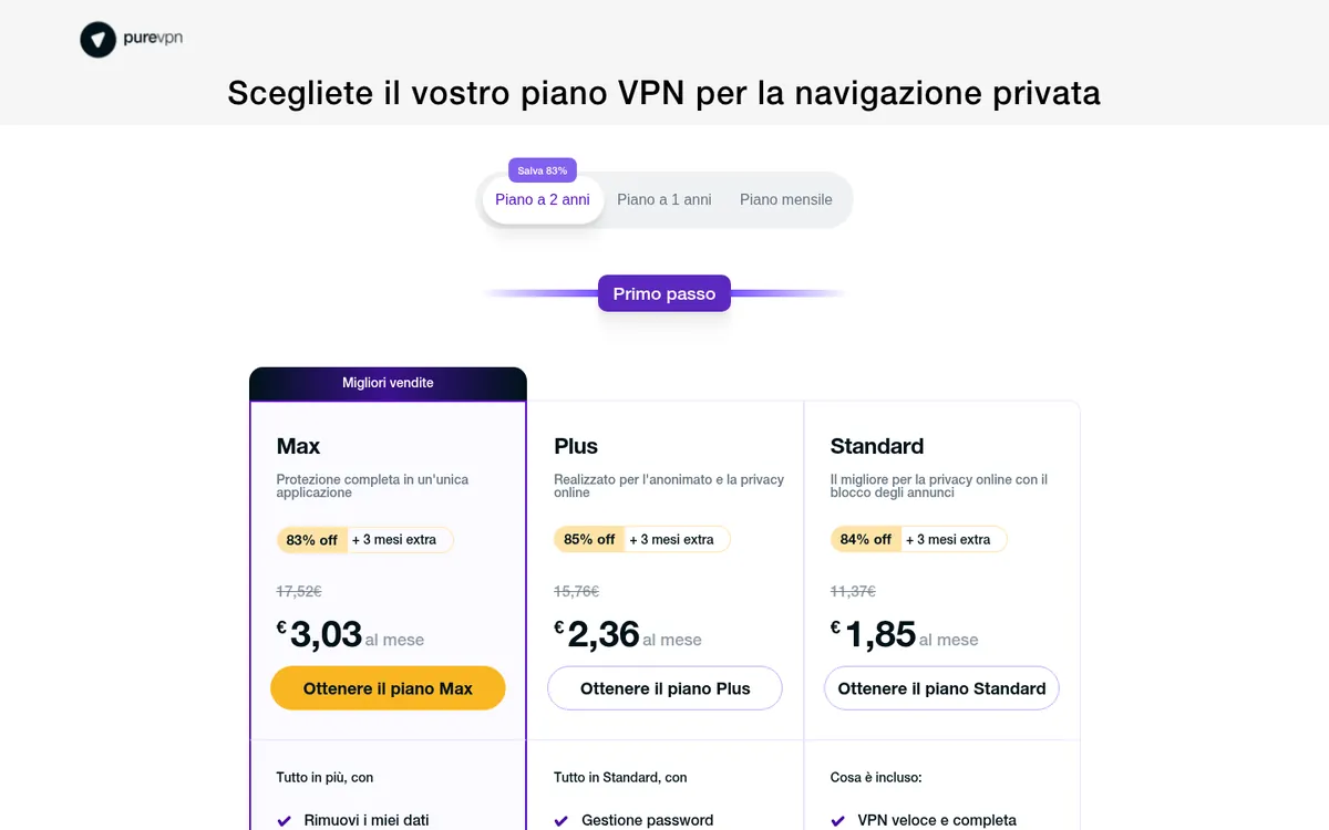 Pagina dei prezzi di PureVPN – alla prova: miglior VPN in Italia