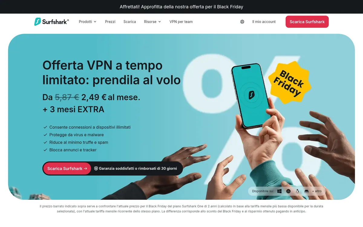 Homepage di Surfshark, servizio VPN disponibile in Italia