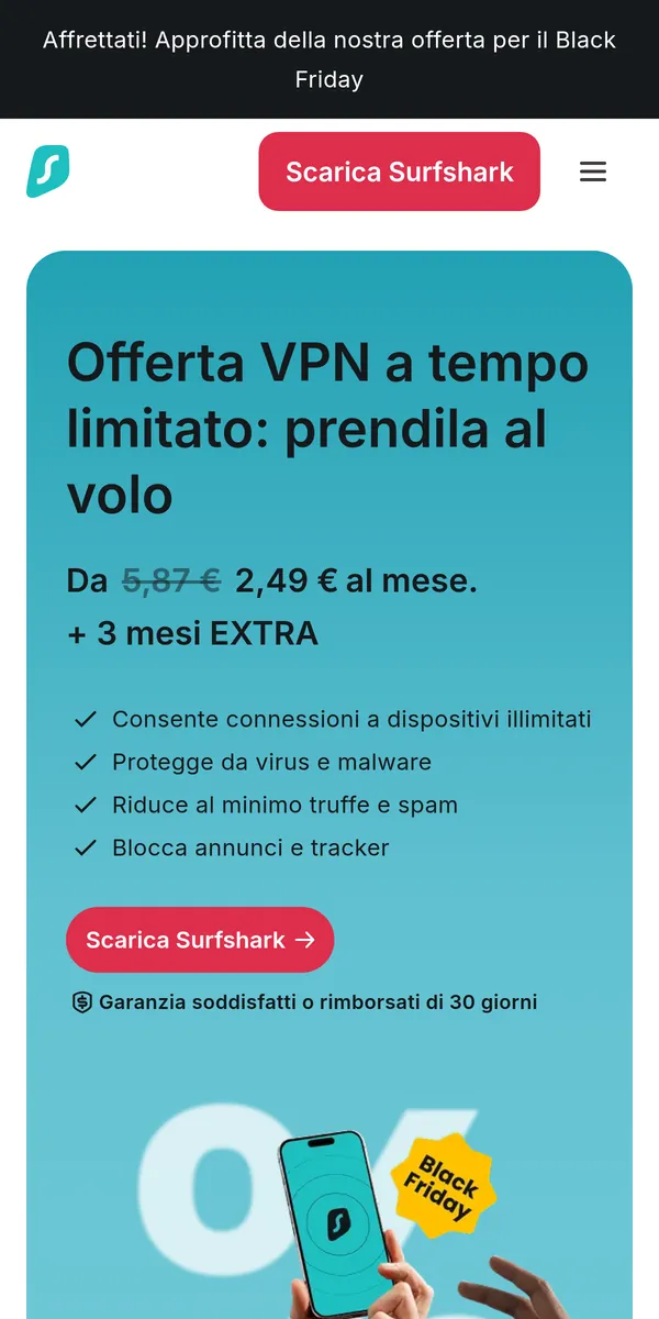 Homepage di Surfshark su smartphone – alla prova: miglior VPN in Italia