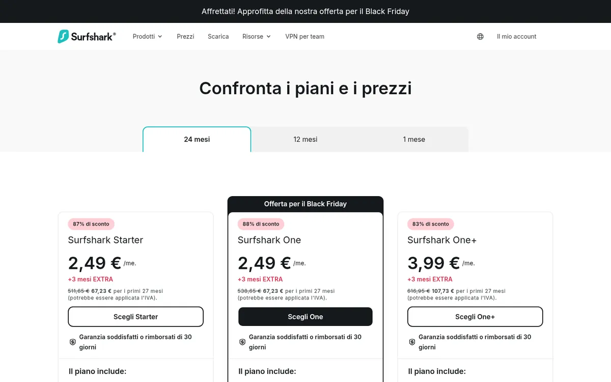 Pagina dei prezzi di Surfshark – alla prova: miglior VPN in Italia